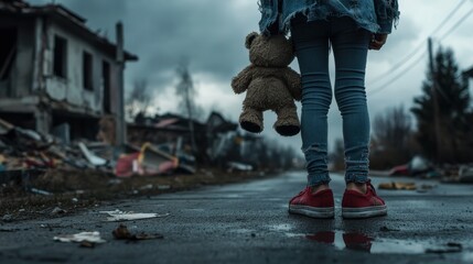 Obraz premium A young girl clutching her teddy bear stands amidst war-torn ruins, symbolizing innocence, loss, and the impact of conflict.