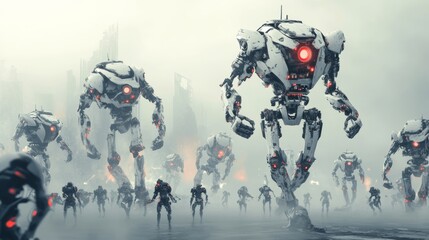 Fototapeta premium Robot transformers, robotics and artificial intelligence technologies cyborgs, military combat exoskeleton characters, battle alien cybernetic warriors on white background. Cartoon vector illustration