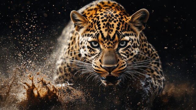 Close up of a leopard charging through water splash, showcasing its power and agility.