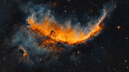 Obraz premium A stunning view of a nebula, showcasing vibrant orange and blue hues against a star-filled galaxy backdrop.