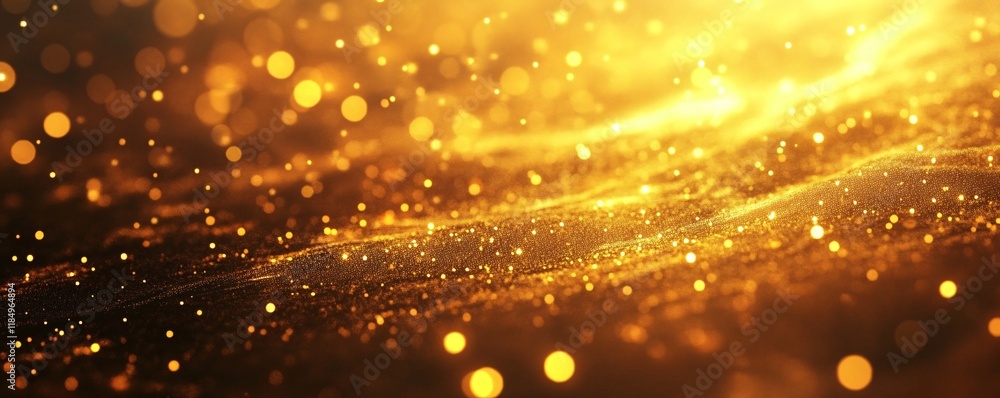 Poster golden particles flowing over wavy surface with bokeh effect