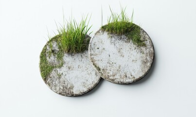 Two cement circles are on a white background. The circles are dirty and have grass growing out of them