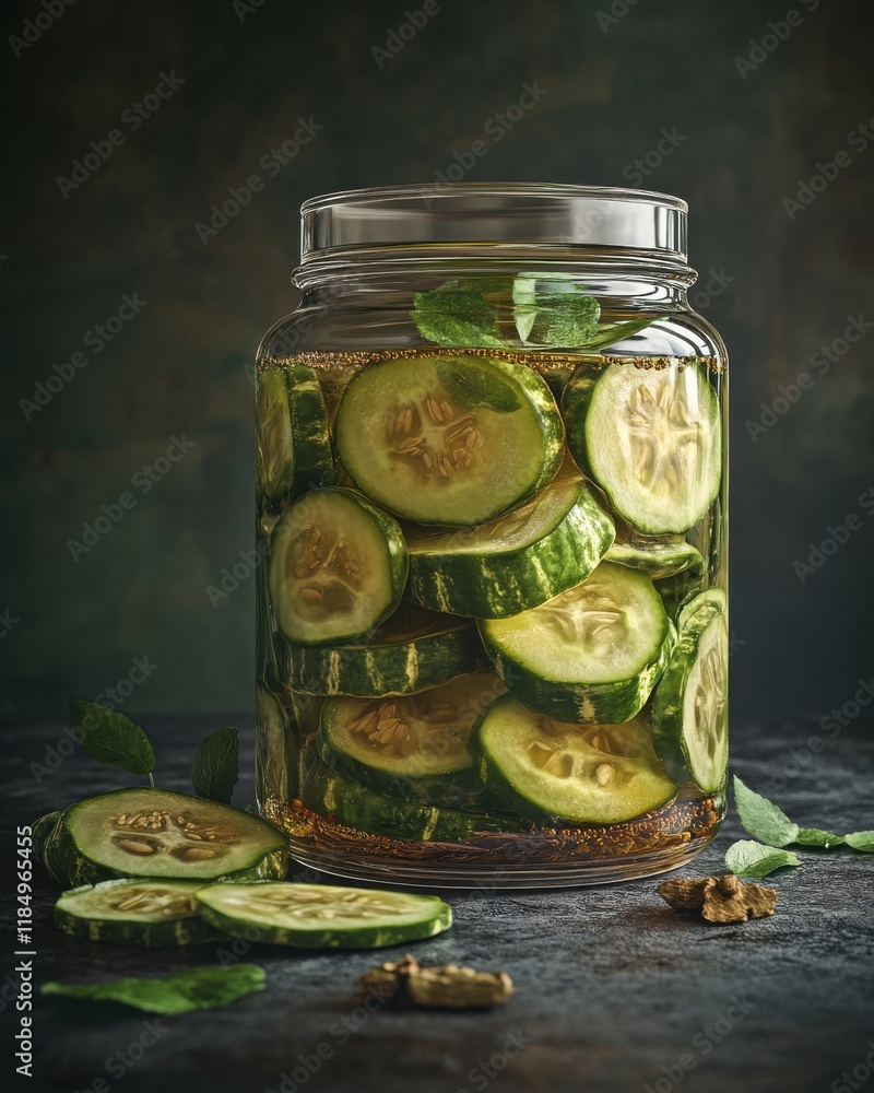 Poster close-up of a jar filled with fresh, sliced cucumbers and mint leaves, creating a refreshing visual.