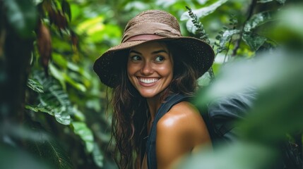 Smiling woman hiker in lush jungle.