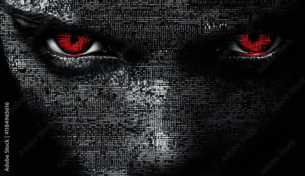 Poster a tight shot of a genderless ai face with eerie red eyes, overlaid with binary code, conveying a cyb