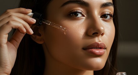 Close-Up Beauty Portrait of a Woman with Glowing Skin Applying Vitamin C Serum with a Pipette Dropper – Perfect for Skincare, Moisturising, and Nourishing Product Advertisements