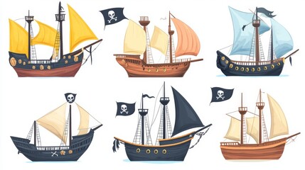 Vector sail boats with white, red and black sails. Pirate ship with black flag, cannons, skull and crossbones on canvas. Cartoon set of old wooden ships, vintage galleons isolated on white background