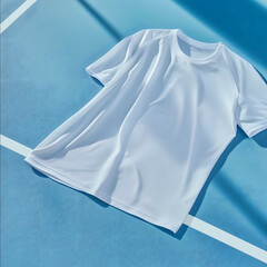 A professional highquality product photography scene of a white sports tshirt naturally draped over the corner of a volleyball court The jersey lies slightly wrinkled