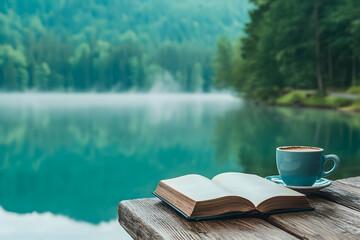 cup of coffee and book on wooden pier on summer lake