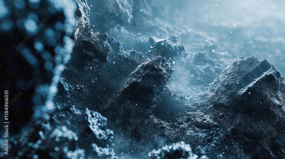 Poster close-up of textured rocks under a misty atmosphere, creating a serene and mysterious mood.