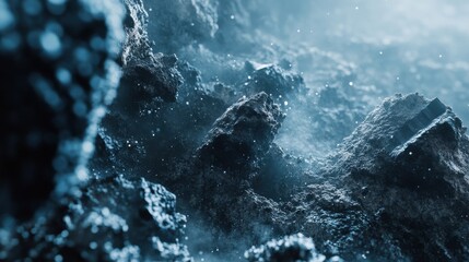 Close-up of textured rocks under a misty atmosphere, creating a serene and mysterious mood.