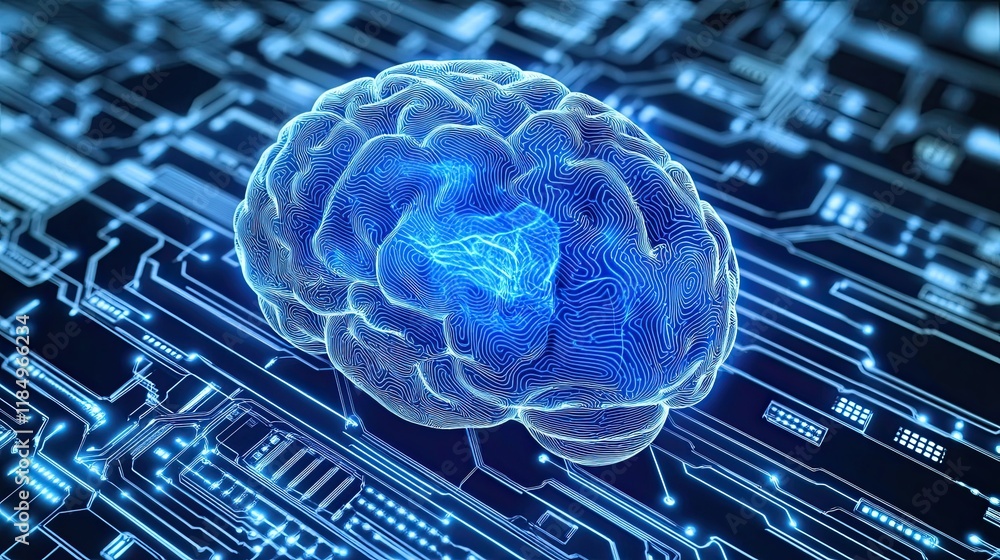 Poster a digital brain with circuit lines symbolizing in cybersecurity defense systems