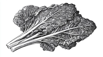 Vintage etching of Swiss chard in white, classic and detailed High quality illustration, detailed botanical art, botanical plant drawing, detailed plant drawing, detailed floral design