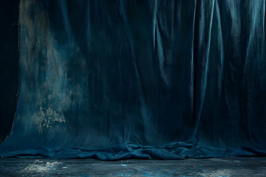 Dark, mysterious studio backdrop featuring a blue-painted, vintage muslin fabric canvas with embers-inspired, abstract centerpiece, perfect for dramatic portrait photography