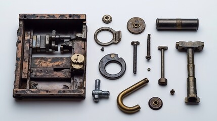 Obraz premium Disassembled antique lock mechanism with various metal parts on white background.