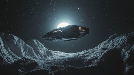 Obraz premium A sleek spaceship glides over a lunar landscape, illuminated by the glow of a distant planet.
