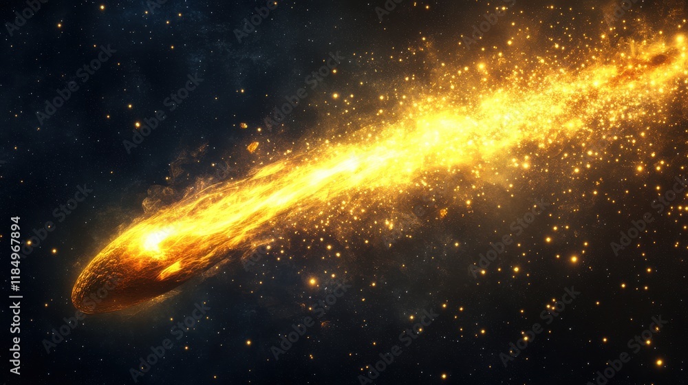 Poster a vibrant comet streaking through a starry universe, creating a trail of glowing particles.