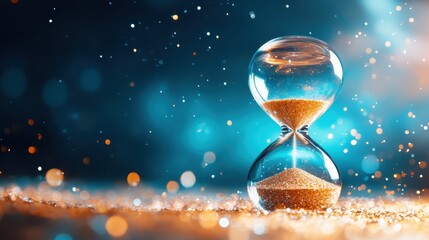 An artistic representation of an hourglass filled with shimmering sand, capturing the essence of time's passage and its visual beauty in a mesmerizing light display.