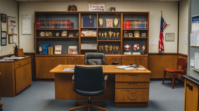 Principals office in school with desk, chairs, bookcase and showcase with sport trophies. Vector cartoon empty interior of headmaster cabinet for meeting and talking with teachers, pupils and parents