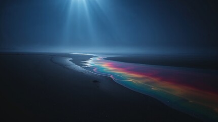 Rainbow colored tidal waves washing the sea shore in moonlight