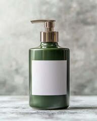 Fototapeta premium A sleek, green cosmetic bottle with a pump dispenser against a soft, blurred background.