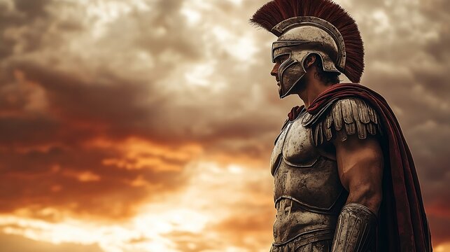 Roman Centurion Stands Against Sunset Sky