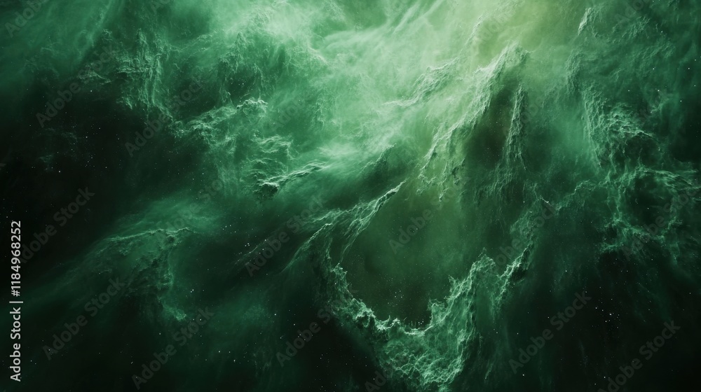 Poster a mesmerizing abstract depiction of green swirling clouds in a cosmic void.