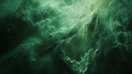 A mesmerizing abstract depiction of green swirling clouds in a cosmic void.