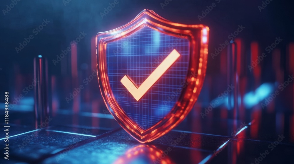 Poster 3d shield icon with safety check badge vector. secure tick mark for quality guard guarantee. isolate