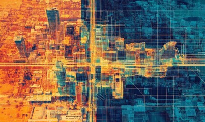 Fototapeta premium Urban Planning Blueprint with Digital Utility Overlays in Vibrant Cityscape - Detailed Infrastructure Design Concept