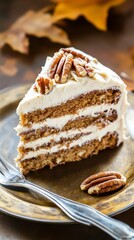 A Slice of Autumnal Pecan Delight: A Layered Cake Masterpiece with Creamy Vanilla Frosting and Pecan Nuts