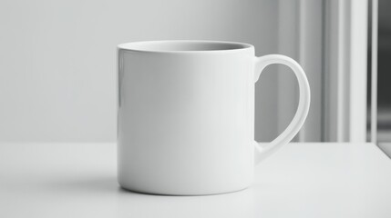 Fototapeta premium A simple white mug sits on a white surface near a window.