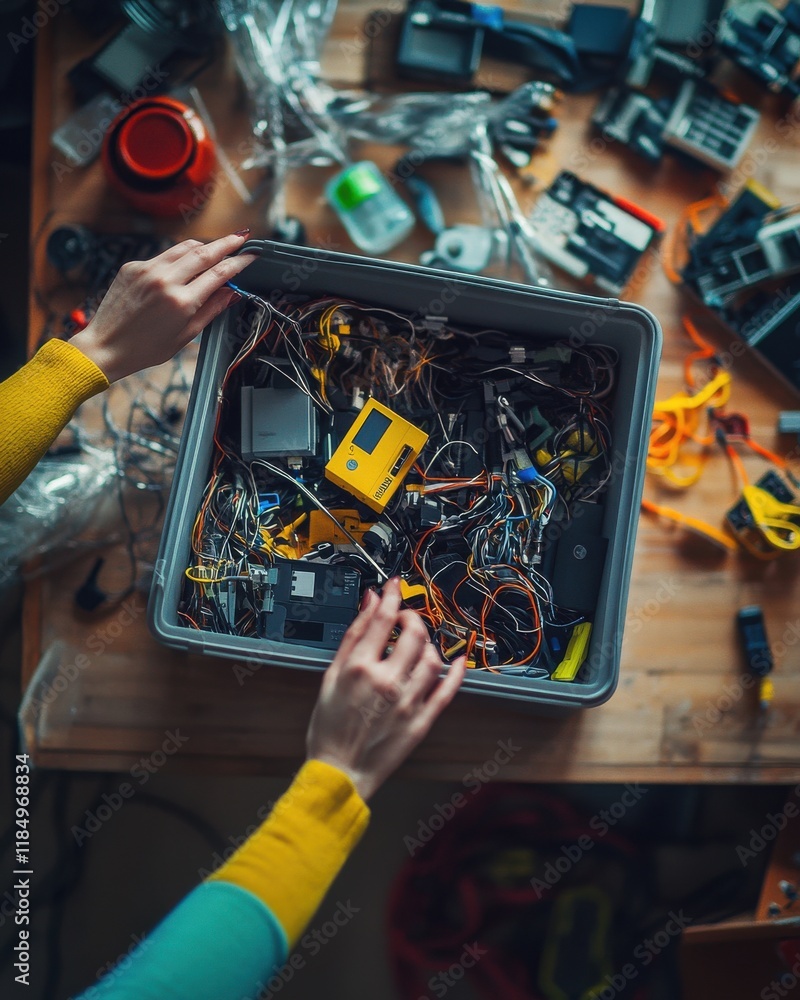 Aufkleber a person with light skin sorting through a messy box of electronic components and wires.