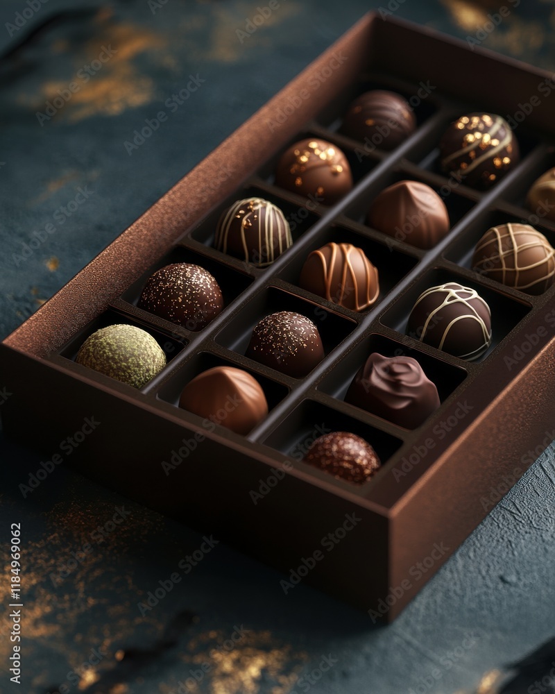 Poster an elegant box of assorted chocolates with intricate designs and rich colors, perfect for a sweet in