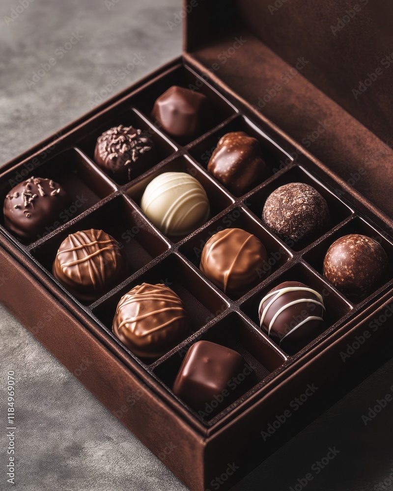 Poster a luxurious box of assorted chocolates, showcasing an array of rich and decadent flavors.