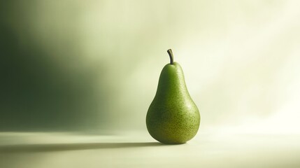 A single green pear stands prominently against a soft, blurred background.