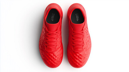 A minimalist 3D render of soccer cleats in a top-down view, isolated on a bright white surface.