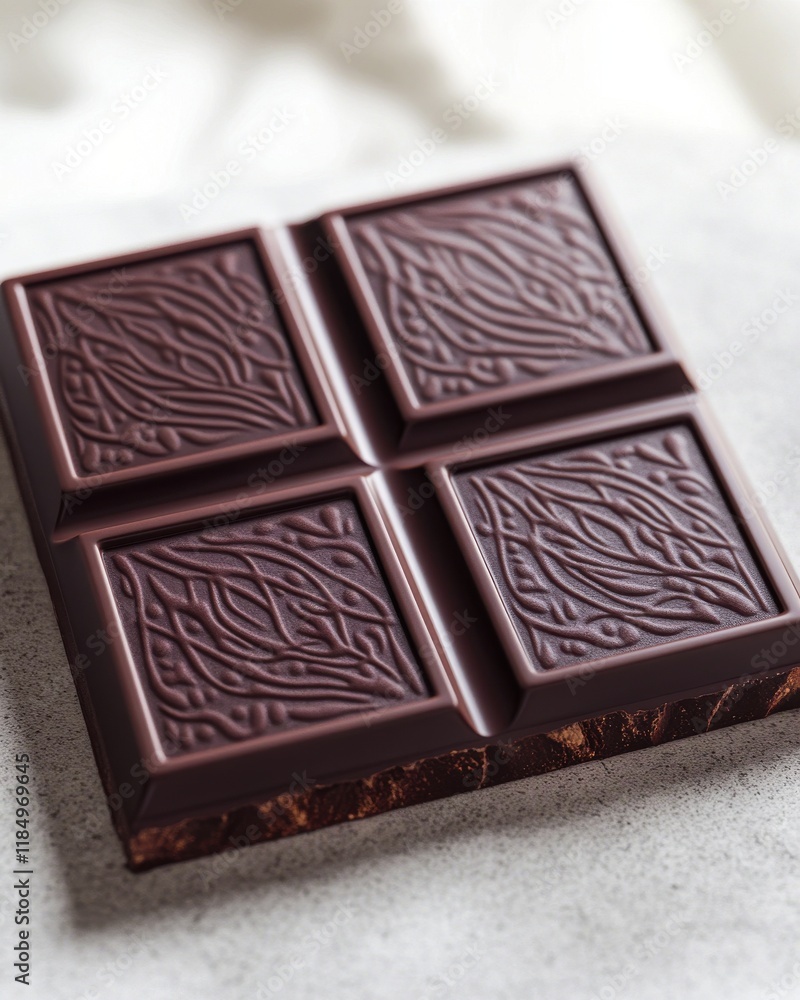 Poster a close-up of a dark chocolate bar with intricate designs, showcasing its rich texture and deep brow