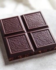 A close-up of a dark chocolate bar with intricate designs, showcasing its rich texture and deep brown color.
