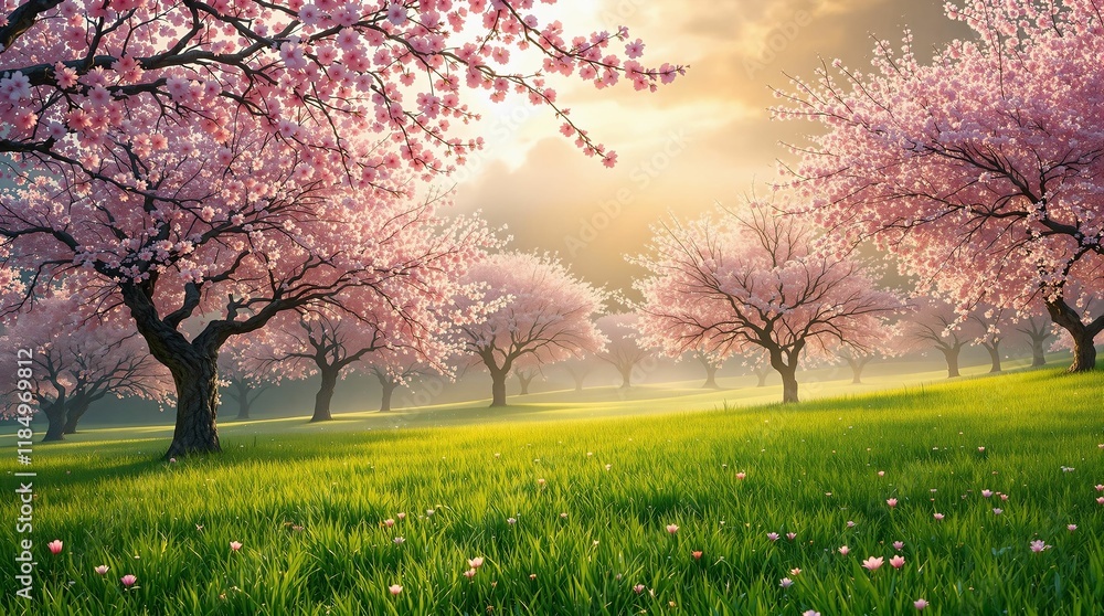 Poster serene, lush green field with a row of cherry blossom trees in full bloom, creating a beautiful and tranquil springtime scene.