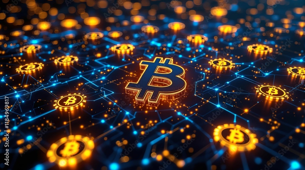Poster digital representation of the bitcoin blockchain, with a prominent golden \