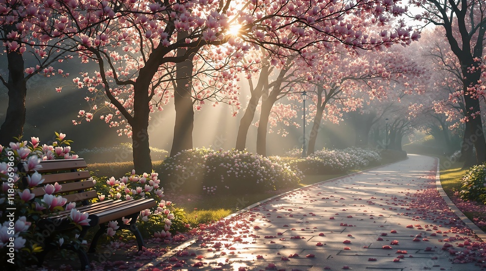 Aufkleber serene park scene with a pathway lined with cherry blossom trees in full bloom. the sun casts a warm
