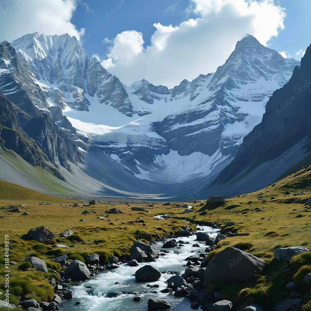 Poster breathtaking landscape with a river flowing through a green valley surrounded by snow-capped mountai