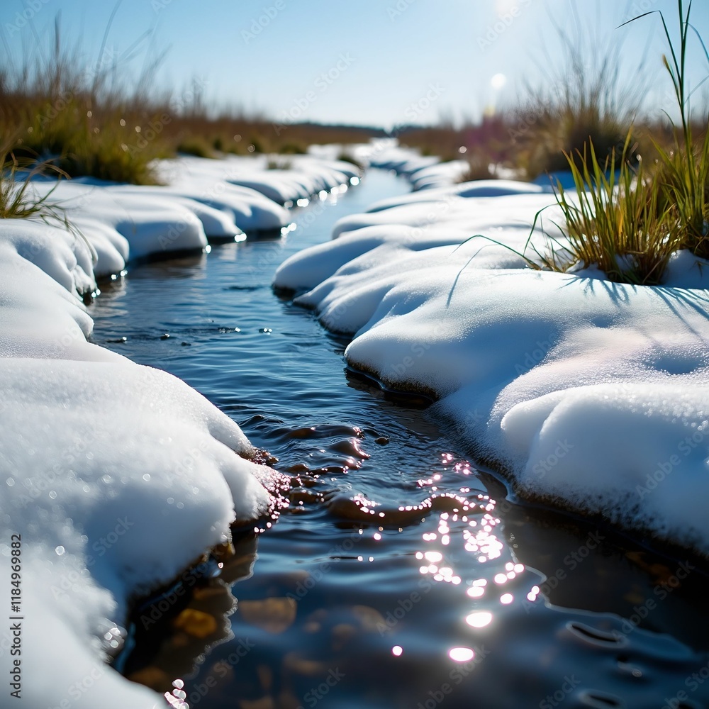 Poster serene, snowy landscape with a small stream flowing through it, surrounded by snow-covered ground an