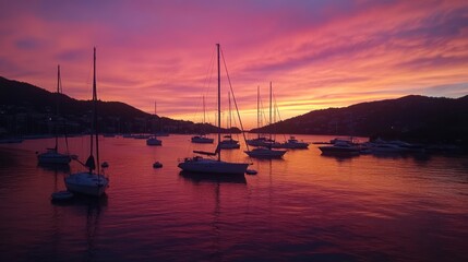 Vibrant sunset over calm bay with sailboats at anchor.