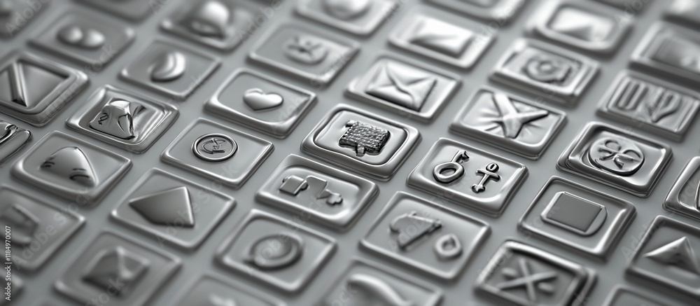 Wall mural close-up of metallic application icons on a digital interface.