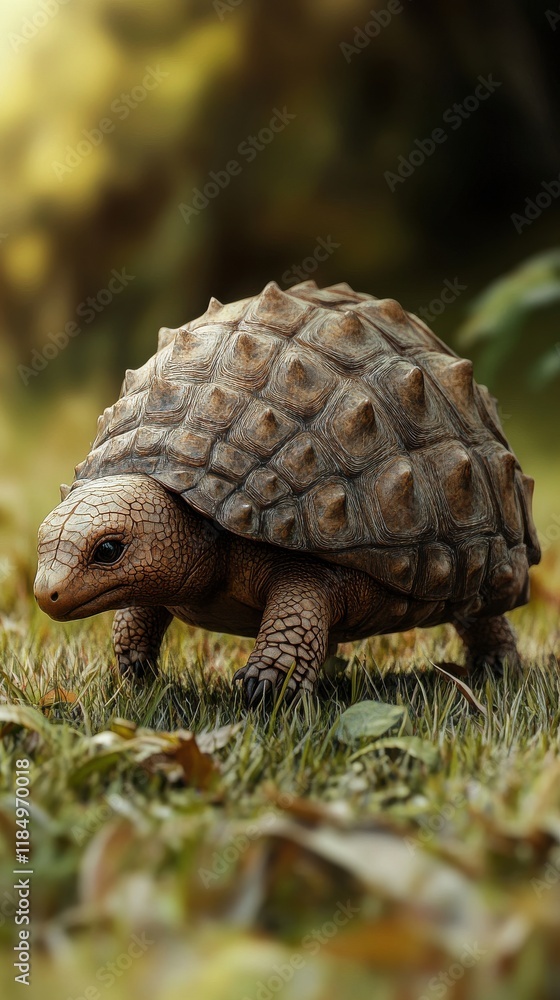 Poster a detailed view of a tortoise walking on grass, showcasing its textured shell and serene environment