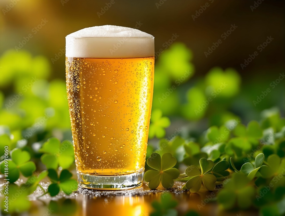 Aufkleber glass of beer with a frothy head, placed on a green, leafy surface. the background is blurred, empha