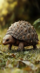 Naklejka premium A detailed view of a tortoise walking on grass, showcasing its textured shell and serene environment.