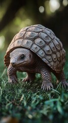 Fototapeta premium A beautifully detailed tortoise with intricate shell patterns, exploring a lush green grass field.